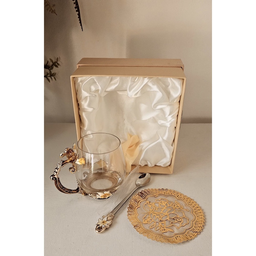 Luxury Glass Tea Cup Mug W Spoon Gold Enamel Flowers Floral 5" tall